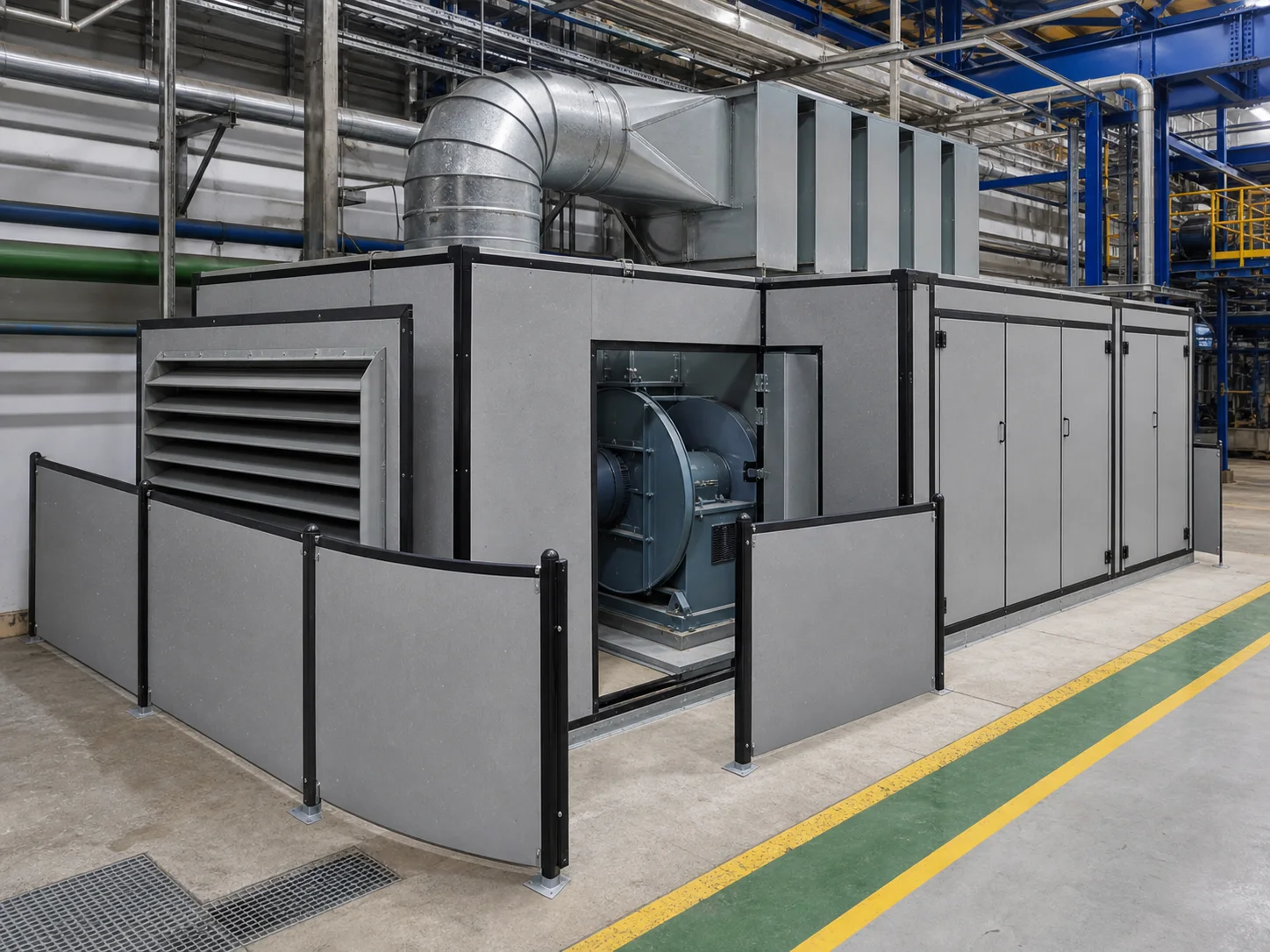 Industrial acoustic enclosure and barrier installed around fan equipment