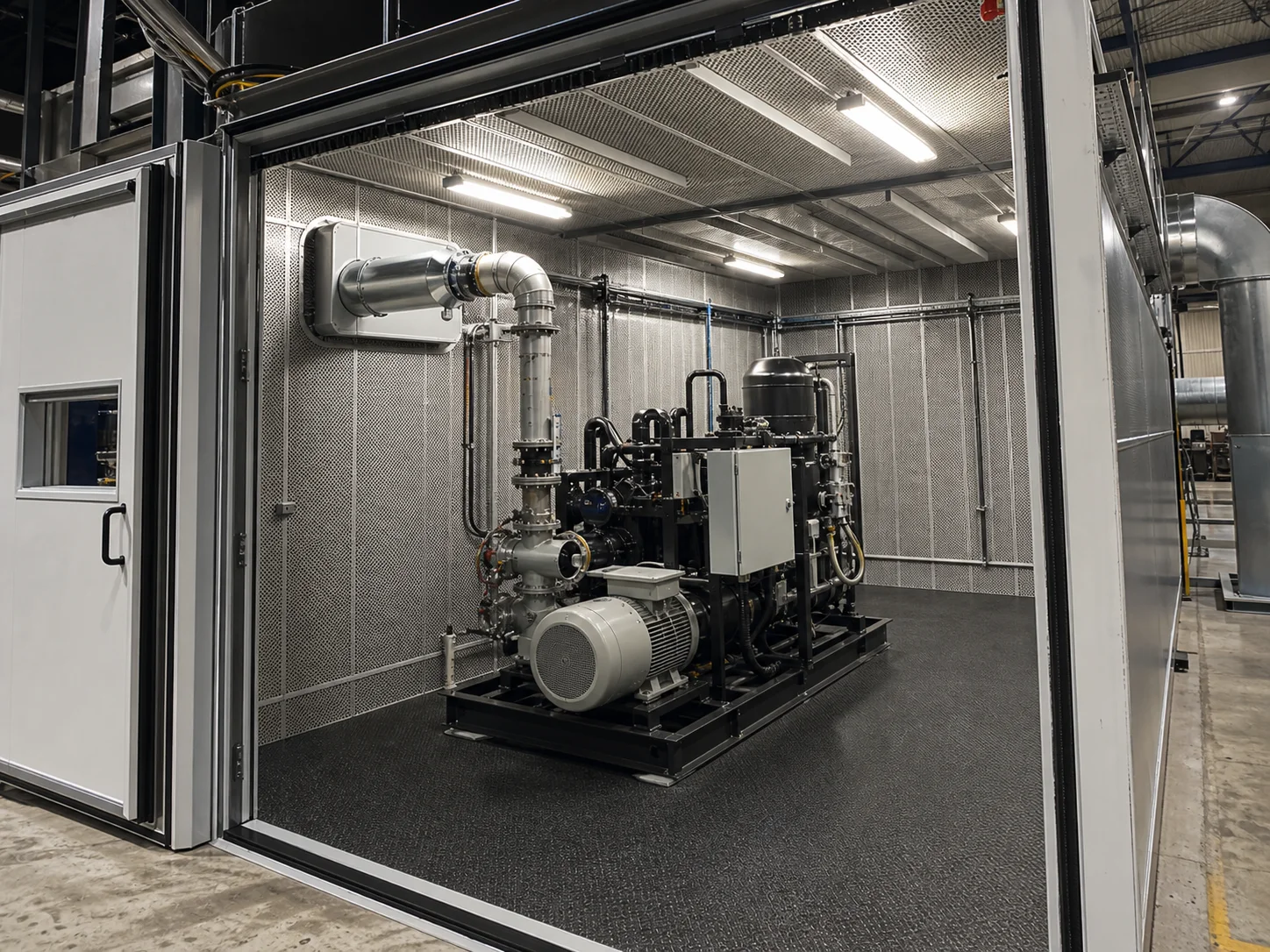 Industrial acoustic enclosure interior around pump and compressor equipment