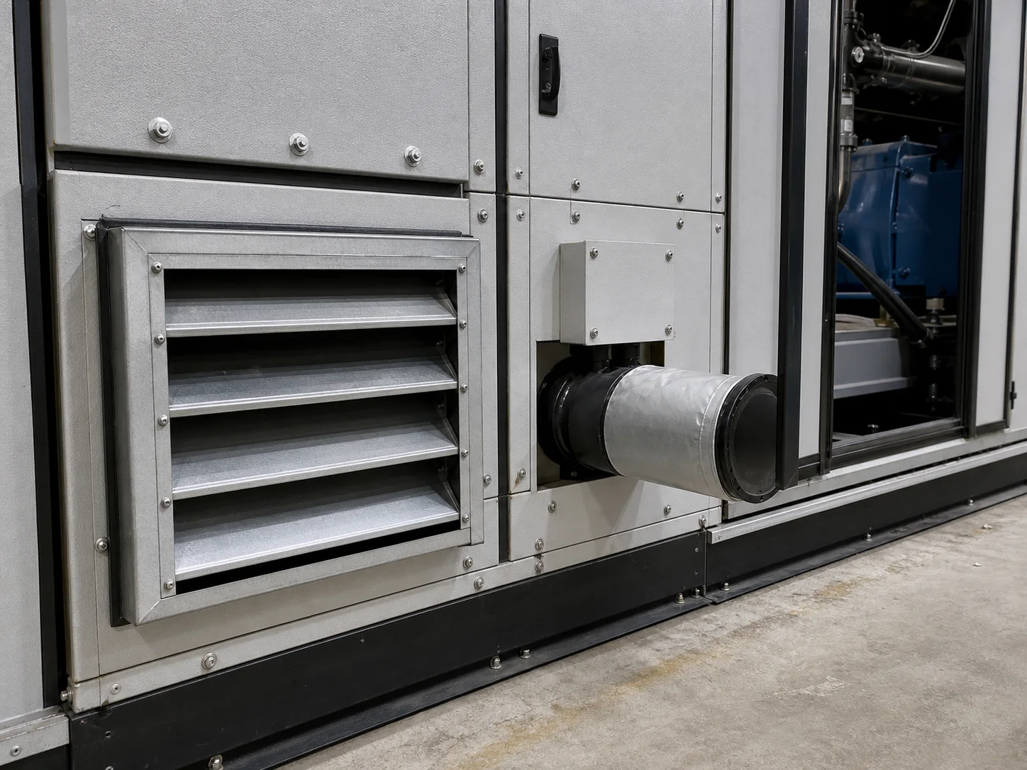 Industrial acoustic enclosure ventilation louver and silencer duct detail