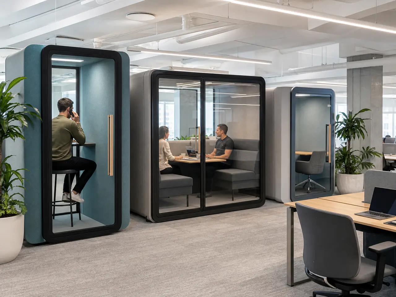 Office privacy and meeting pods installed in an open workspace