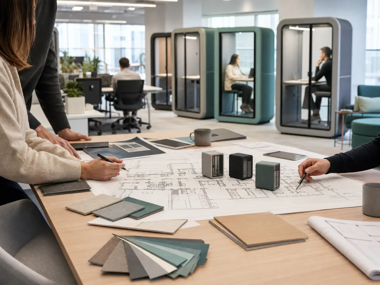 Office privacy booth layout planning with finish samples